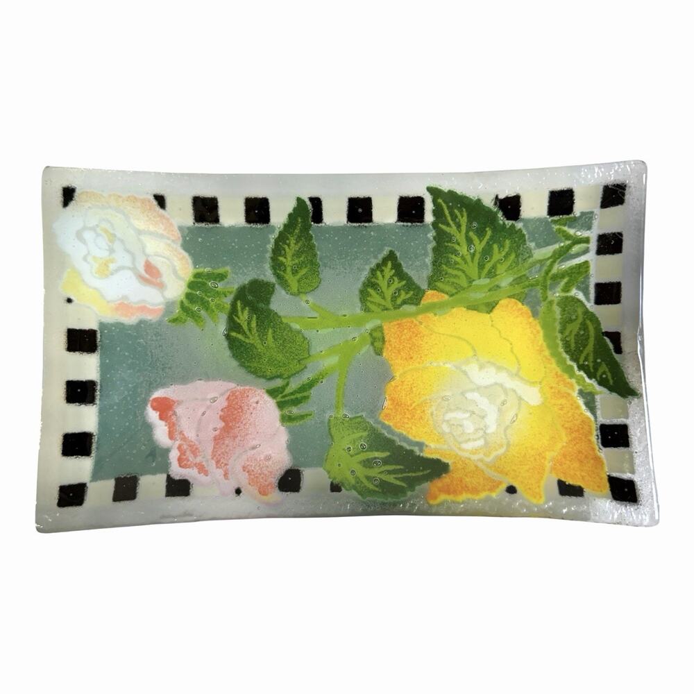 Peggy Karr Tray Fused Art Glass Roses Checkerboard Trim Signed 9.5”x5.5”